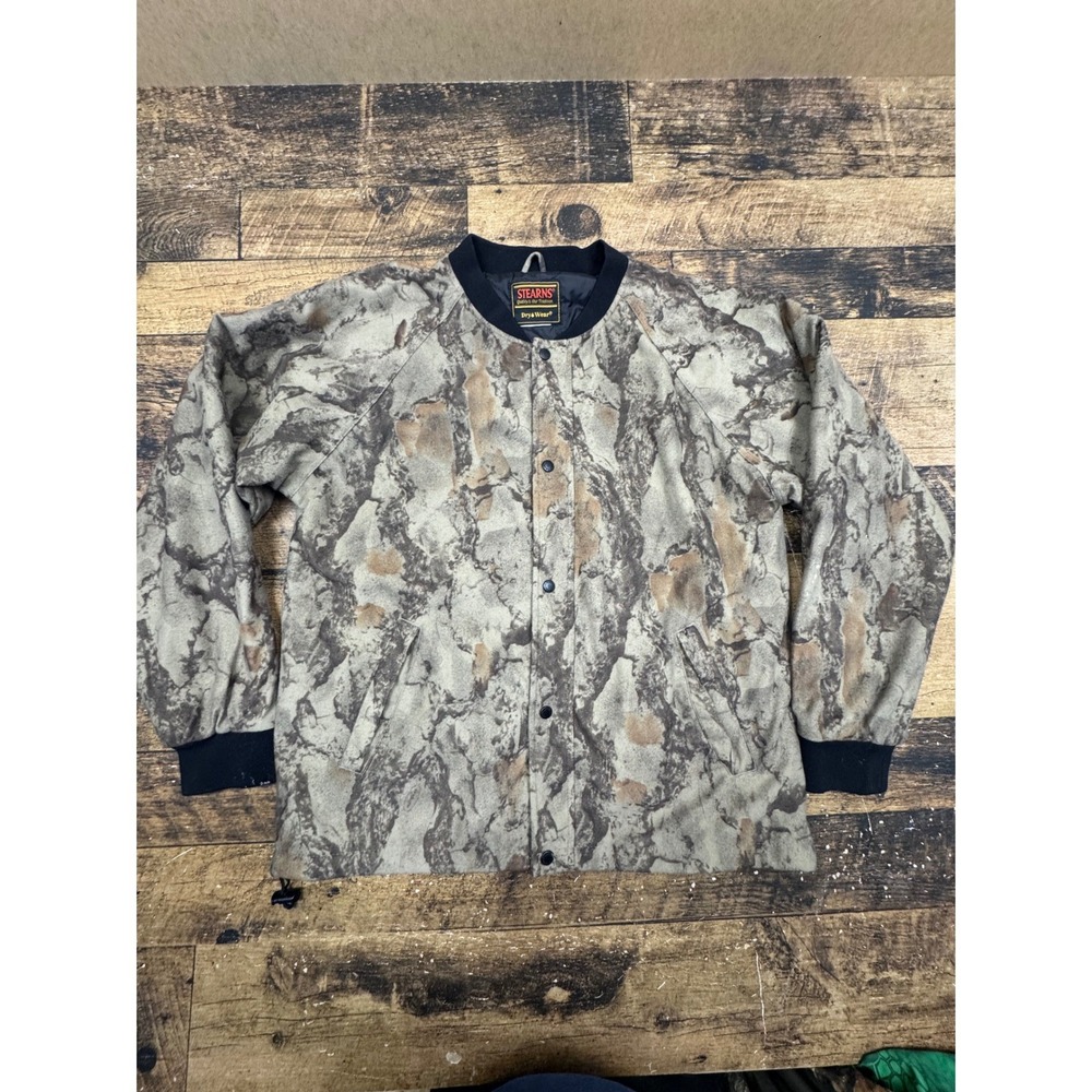 Stearns Dry Wear Mens Camo Fleece Bomber Jacket Quilted Lining Tree Bark Pattern